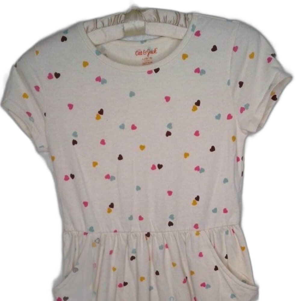 Cat & Jack Girls Fit & Flare Short Sleeve Dress Ivory Hearts Pockets Size 10/12